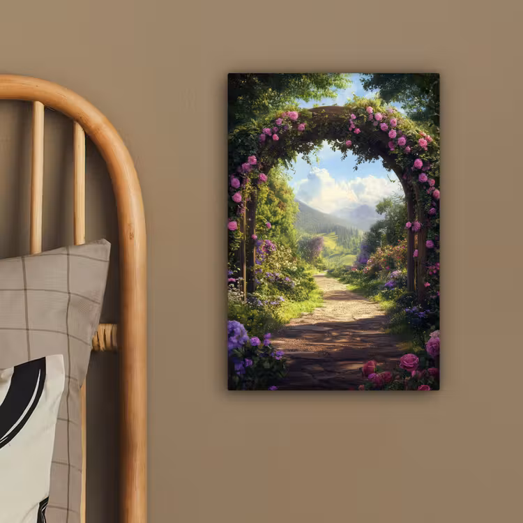 Canvas schilderij - Doorkijk - Rozenboog - Uitzicht - Landschap - Bloemen — 2