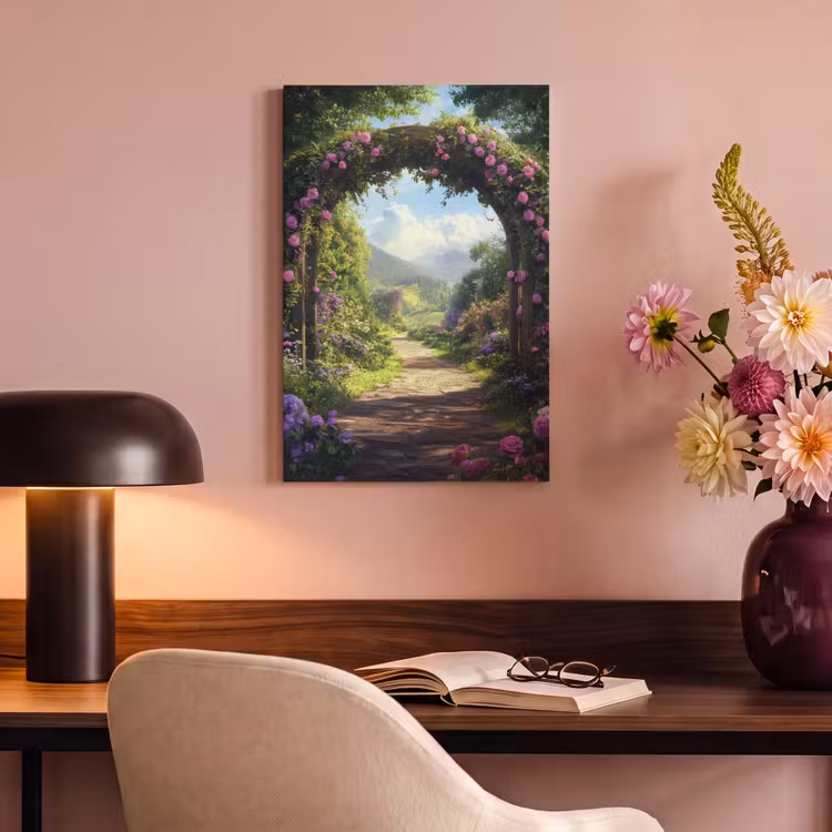 Canvas schilderij - Doorkijk - Rozenboog - Uitzicht - Landschap - Bloemen — 3