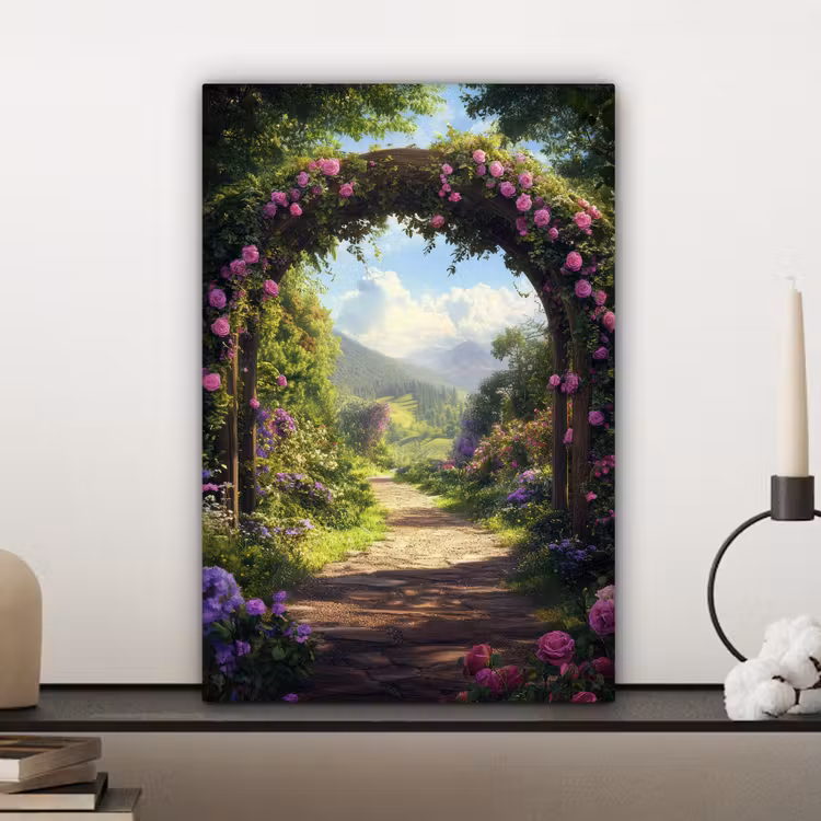 Canvas schilderij - Doorkijk - Rozenboog - Uitzicht - Landschap - Bloemen — 4