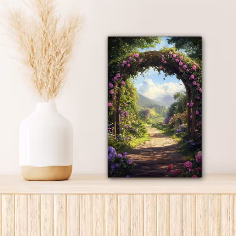Canvas schilderij - Doorkijk - Rozenboog - Uitzicht - Landschap - Bloemen — 5