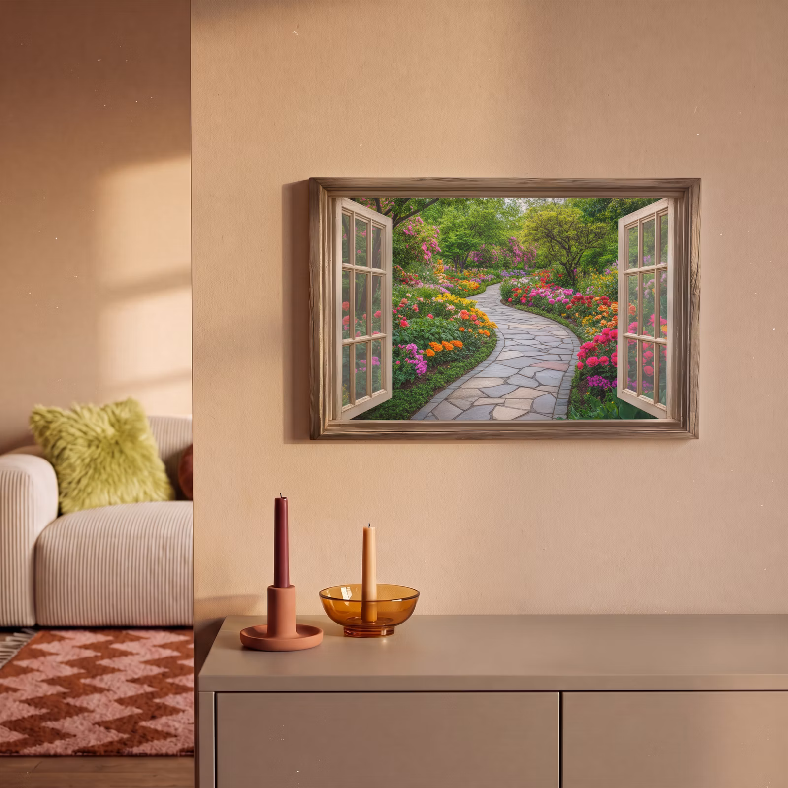 Canvas schilderij - Doorkijk - Bloemen - Tuinpad - Natuur - Raam — 1