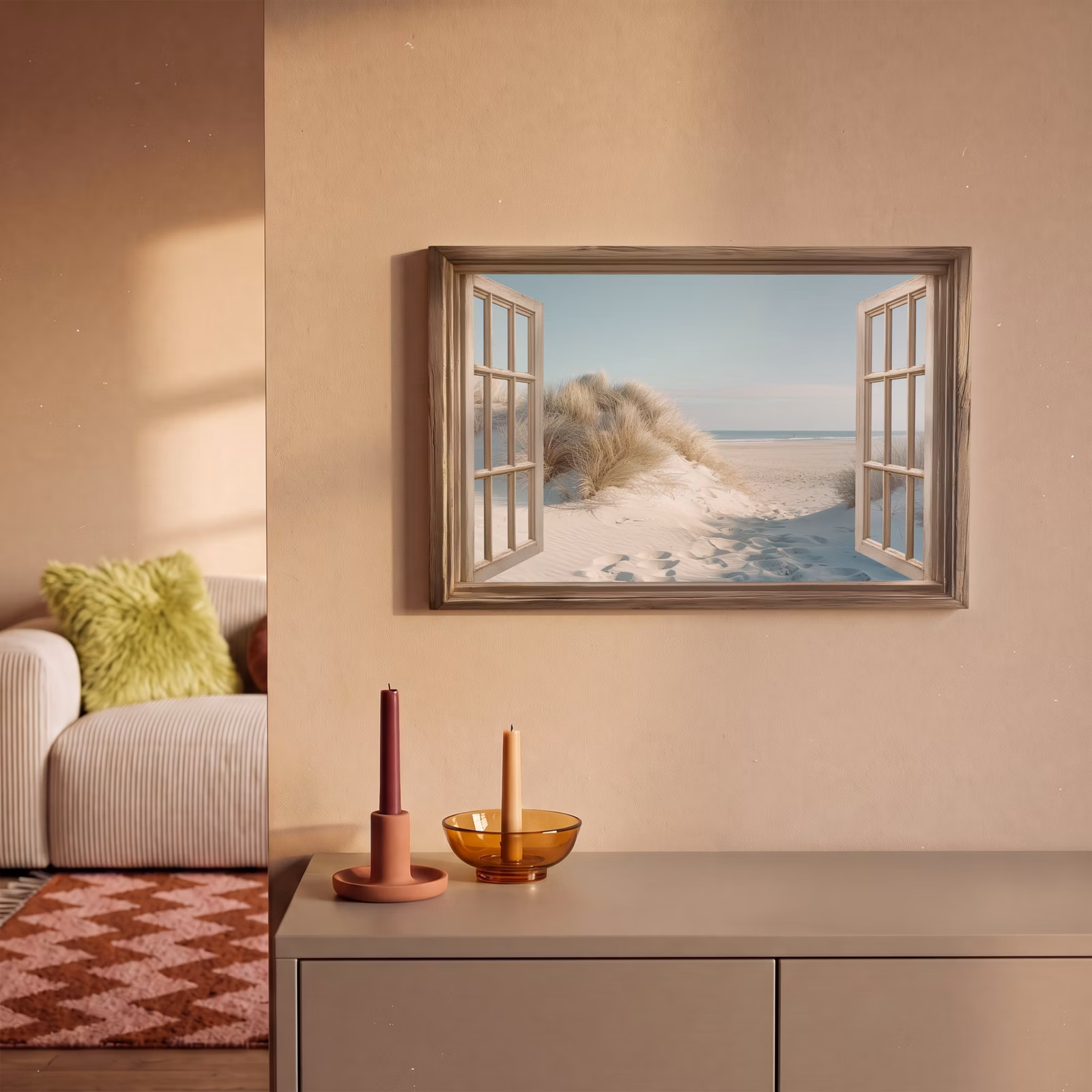 Canvas schilderij - Doorkijk - Helmgras - Duinen - Zee - Landschap — 1