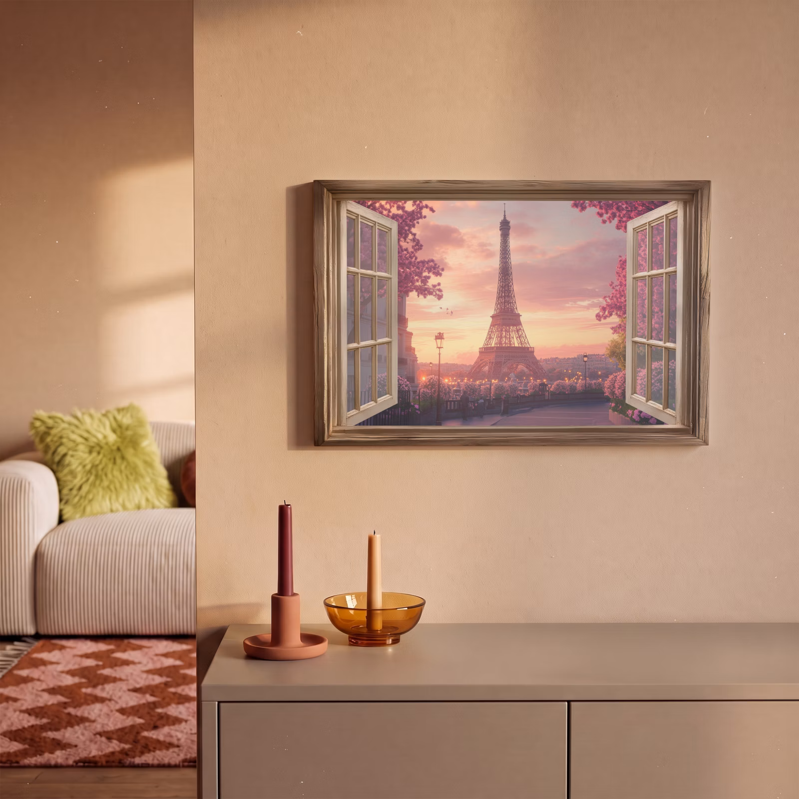 Canvas schilderij - Doorkijk - Parijs - Eiffeltoren - Roze - Kersenbloesem — 1
