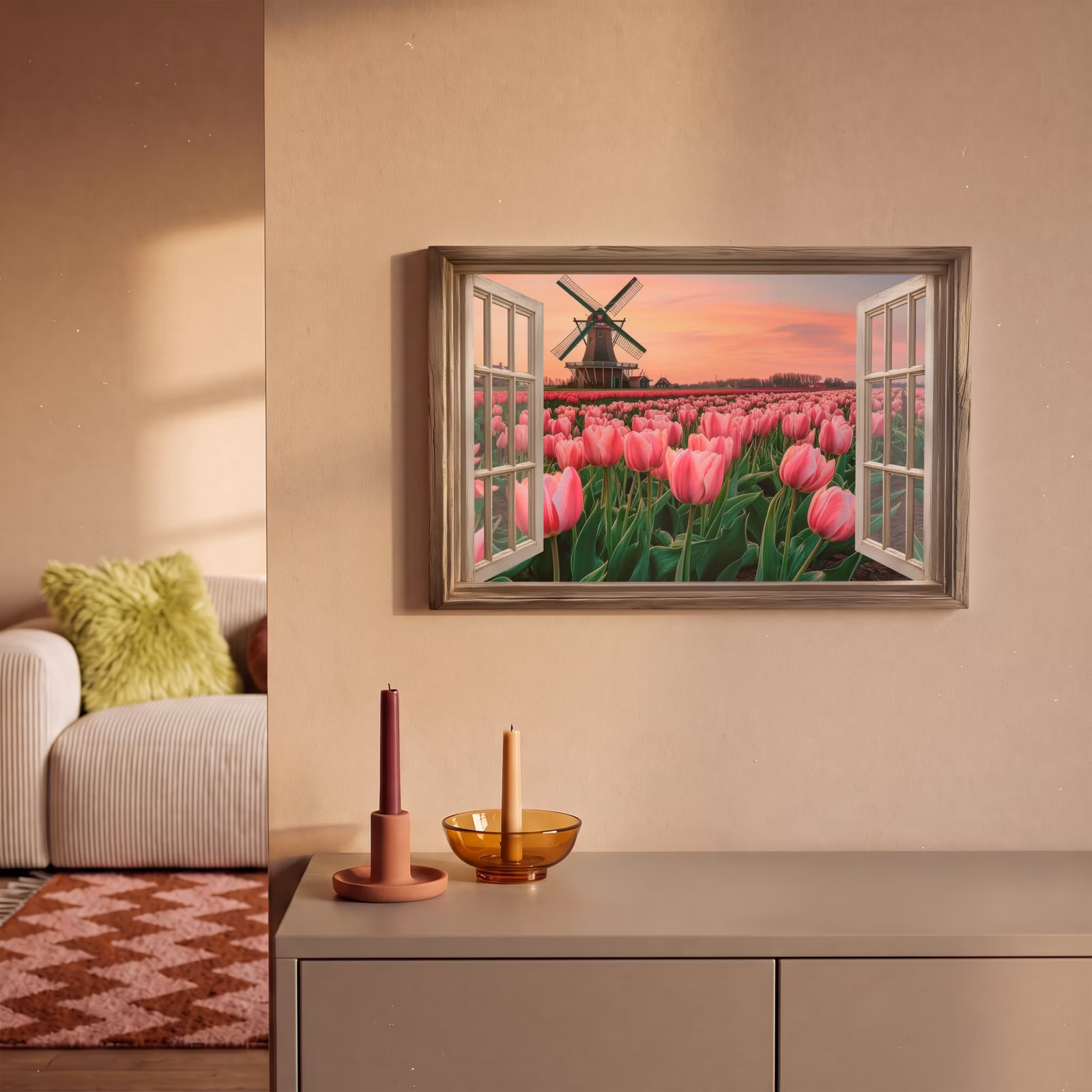 Canvas schilderij - Doorkijk - Tulpen - Bloemen - Molen - Raam — 1