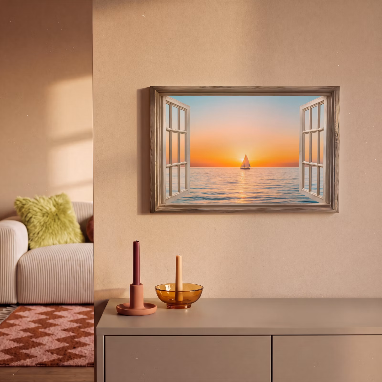 Canvas schilderij - Doorkijk - Zee - Boot - Zonsondergang — 1