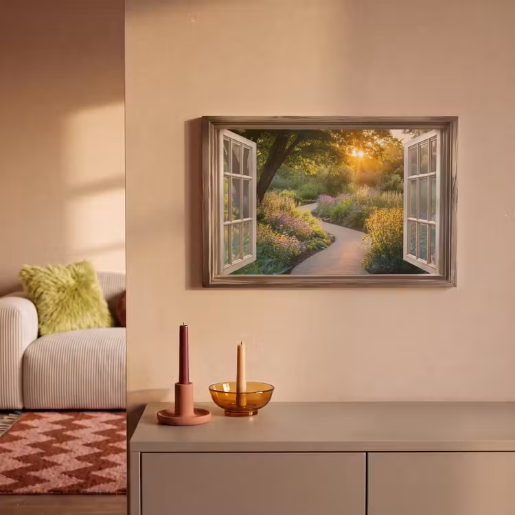 Canvas schilderij - Doorkijk - Bloemen - Natuur - Zon - Pad — 1
