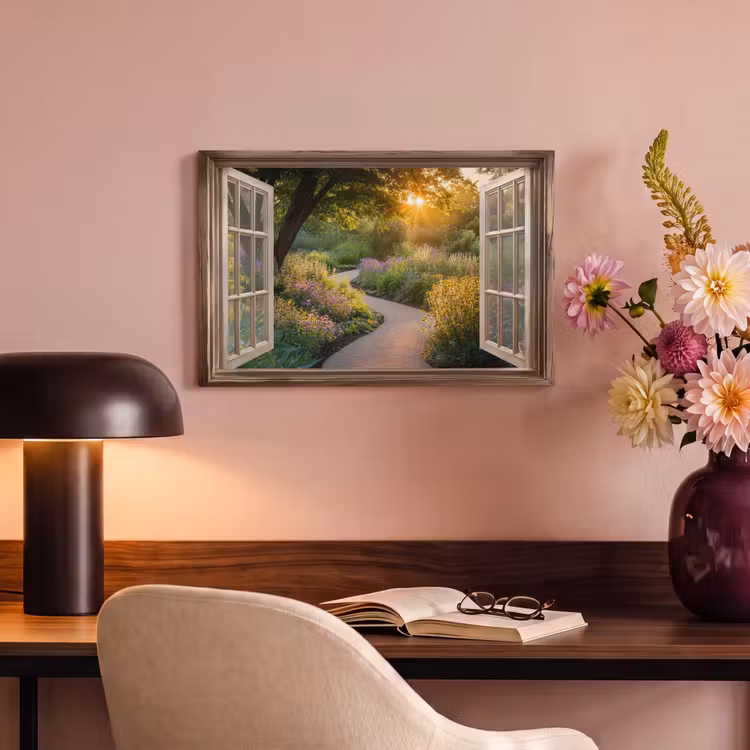 Canvas schilderij - Doorkijk - Bloemen - Natuur - Zon - Pad — 2