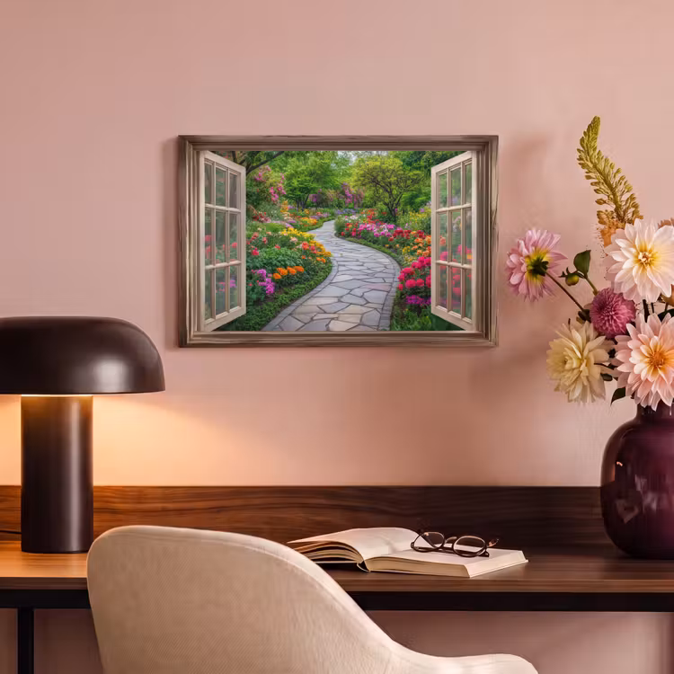 Canvas schilderij - Doorkijk - Bloemen - Tuinpad - Natuur - Raam — 2