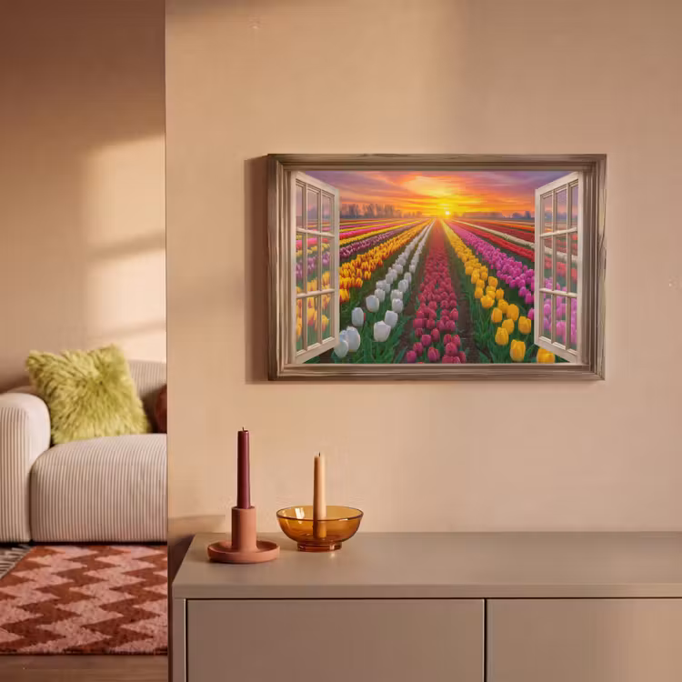 Canvas schilderij - Doorkijk - Bloemen - Tulpen - Kleurrijk - Zonsondergang — 1