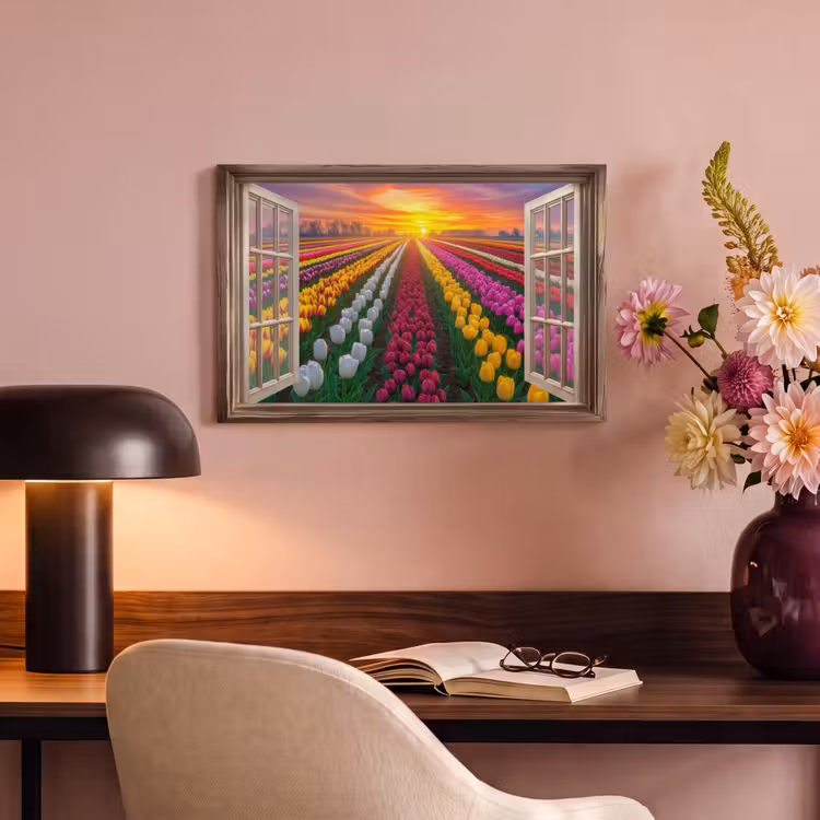 Canvas schilderij - Doorkijk - Bloemen - Tulpen - Kleurrijk - Zonsondergang — 2