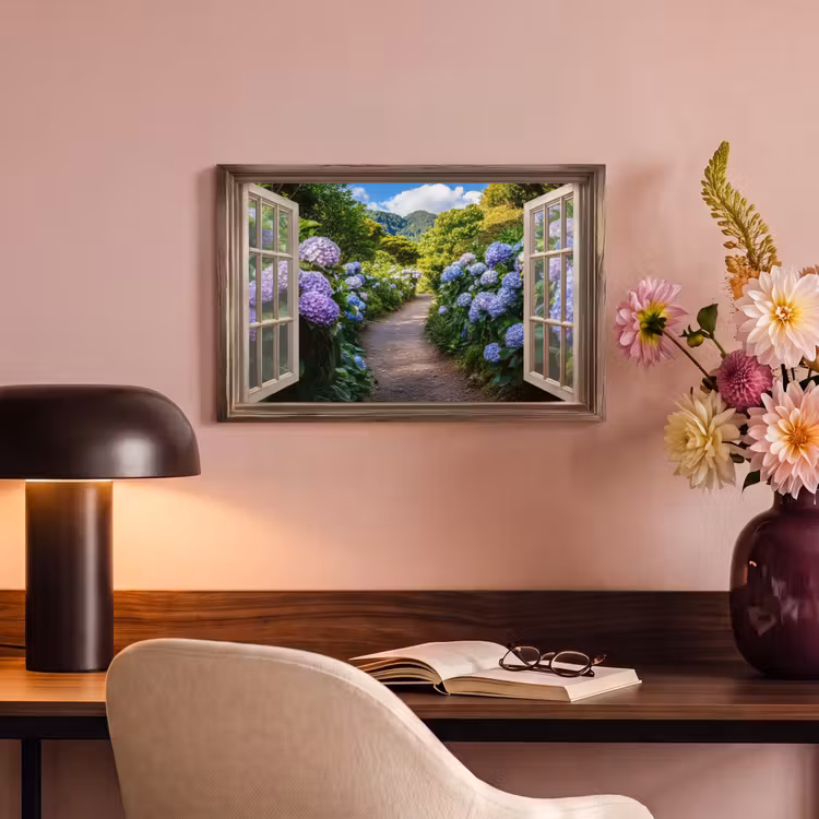 Canvas schilderij - Doorkijk - Hortensia - Pad - Natuur — 2