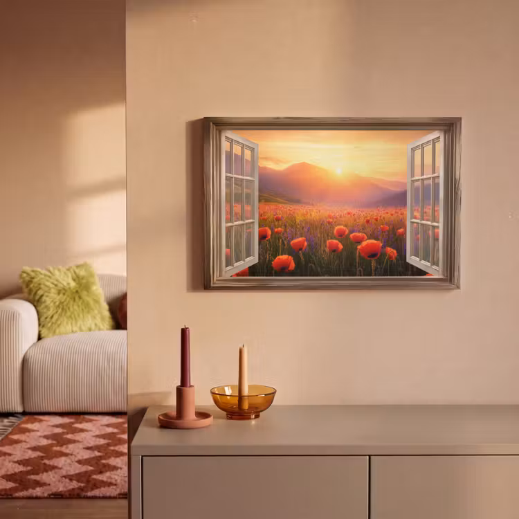 Canvas schilderij - Doorkijk - Klaprozen - Bloemen - Rood - Open raam — 1