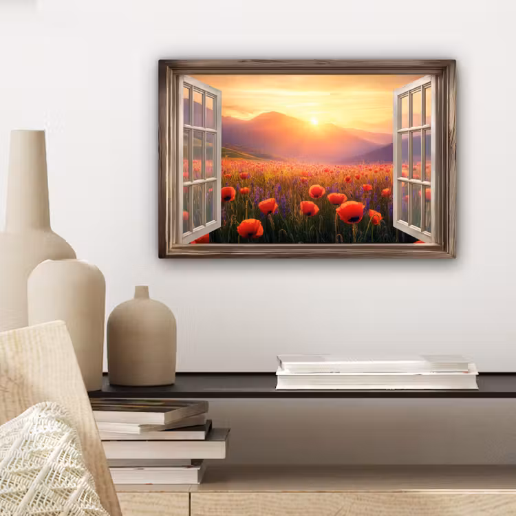 Canvas schilderij - Doorkijk - Klaprozen - Bloemen - Rood - Open raam — 3
