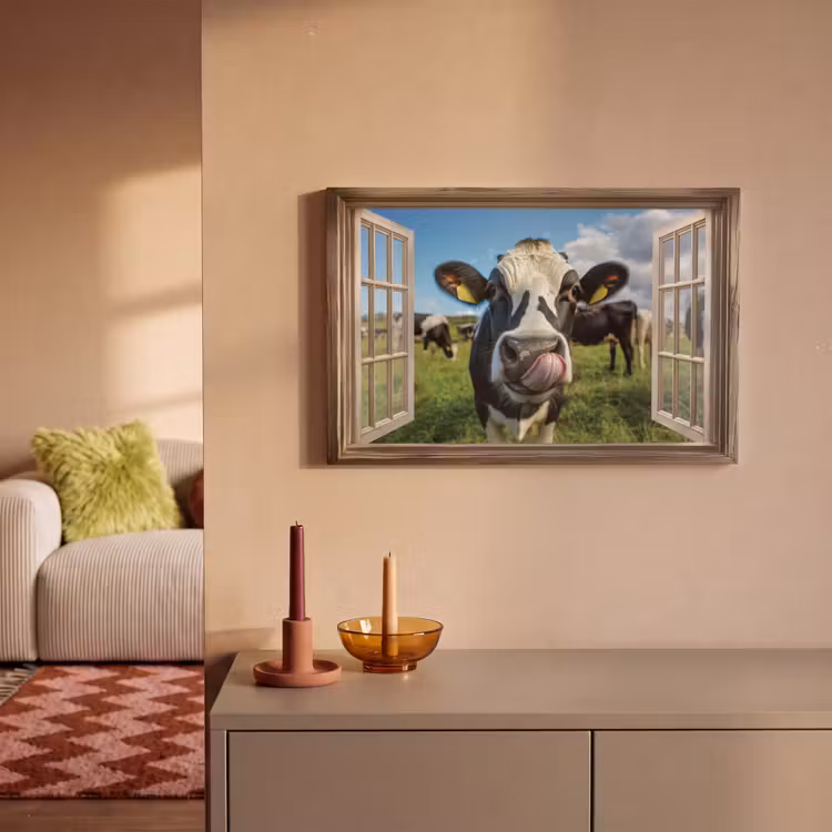 Canvas schilderij - Doorkijk - Koe - Weiland - Dieren - Natuur — 1