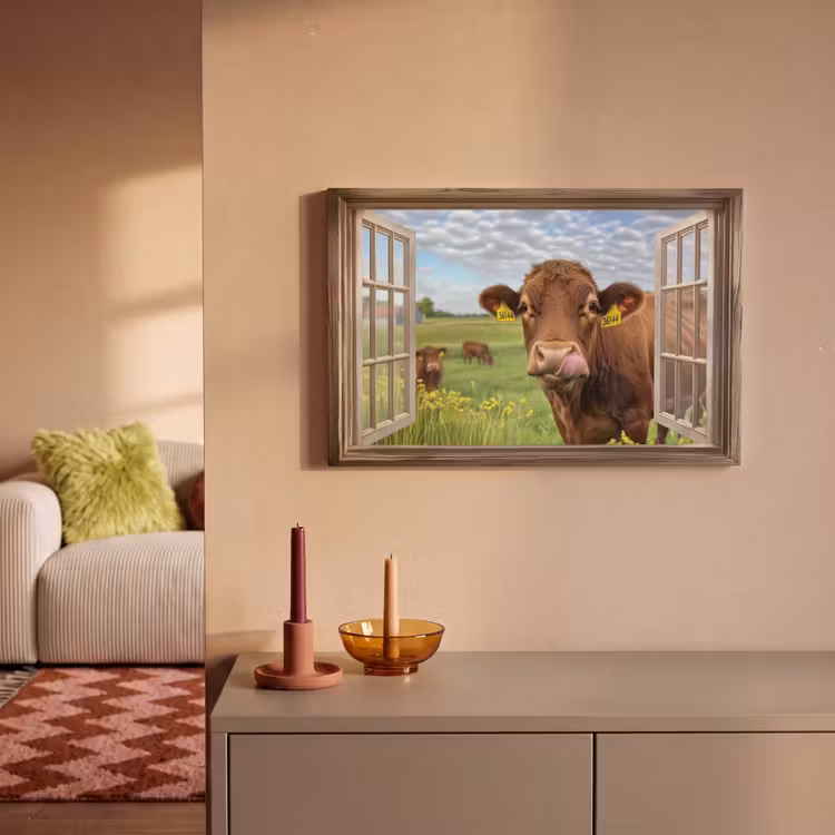 Canvas schilderij - Doorkijk - Koe - Weiland - Landschap - Dieren — 1