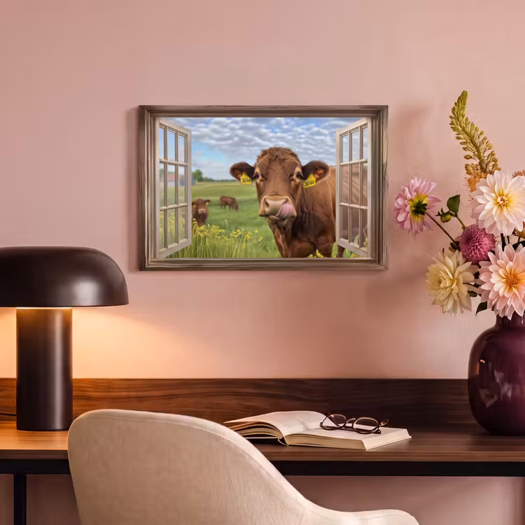 Canvas schilderij - Doorkijk - Koe - Weiland - Landschap - Dieren — 2