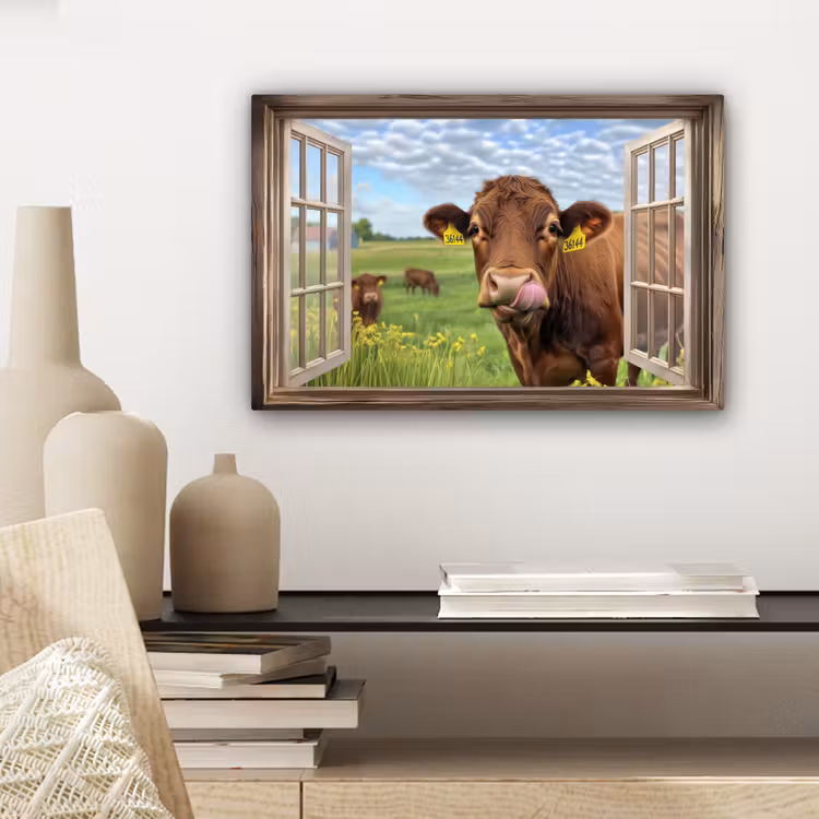 Canvas schilderij - Doorkijk - Koe - Weiland - Landschap - Dieren — 3