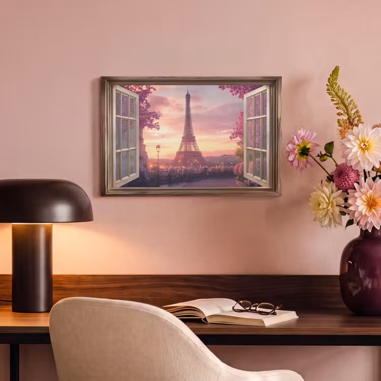 Canvas schilderij - Doorkijk - Parijs - Eiffeltoren - Roze - Kersenbloesem — 2