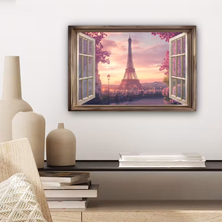 Canvas schilderij - Doorkijk - Parijs - Eiffeltoren - Roze - Kersenbloesem — 3