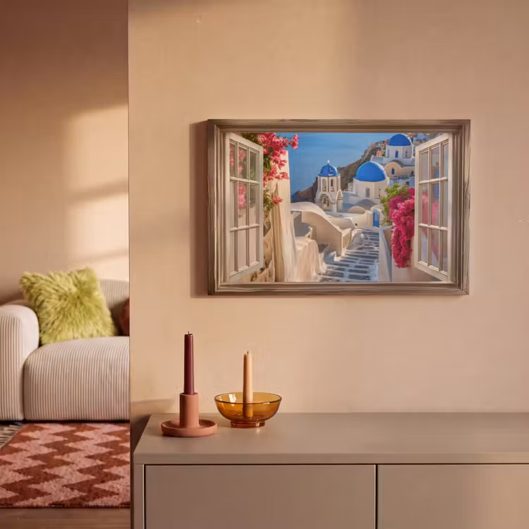 Canvas schilderij - Doorkijk - Santorini - Landschap - Blauw - Grieks — 1