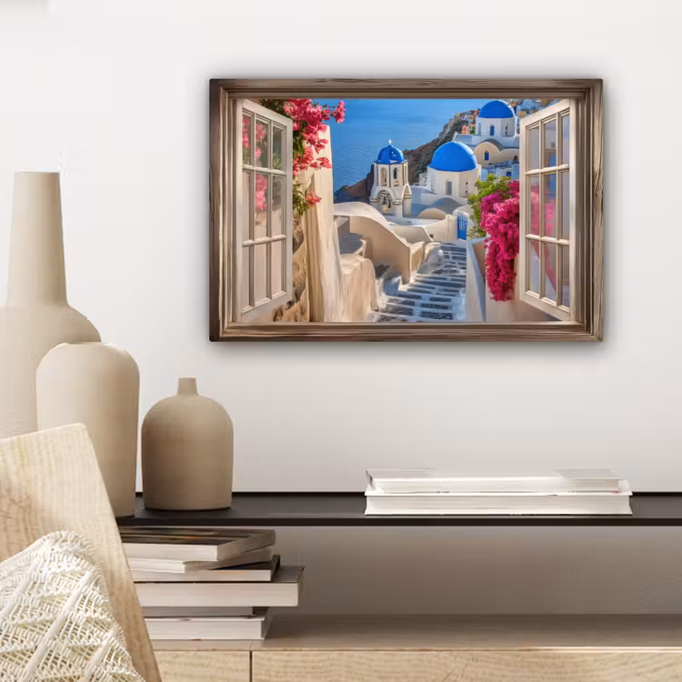Canvas schilderij - Doorkijk - Santorini - Landschap - Blauw - Grieks — 3