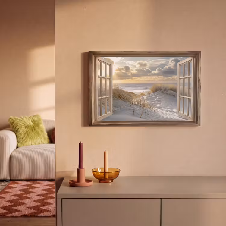 Canvas schilderij - Doorkijk - Strand - Duinen - Zee - Natuur — 1