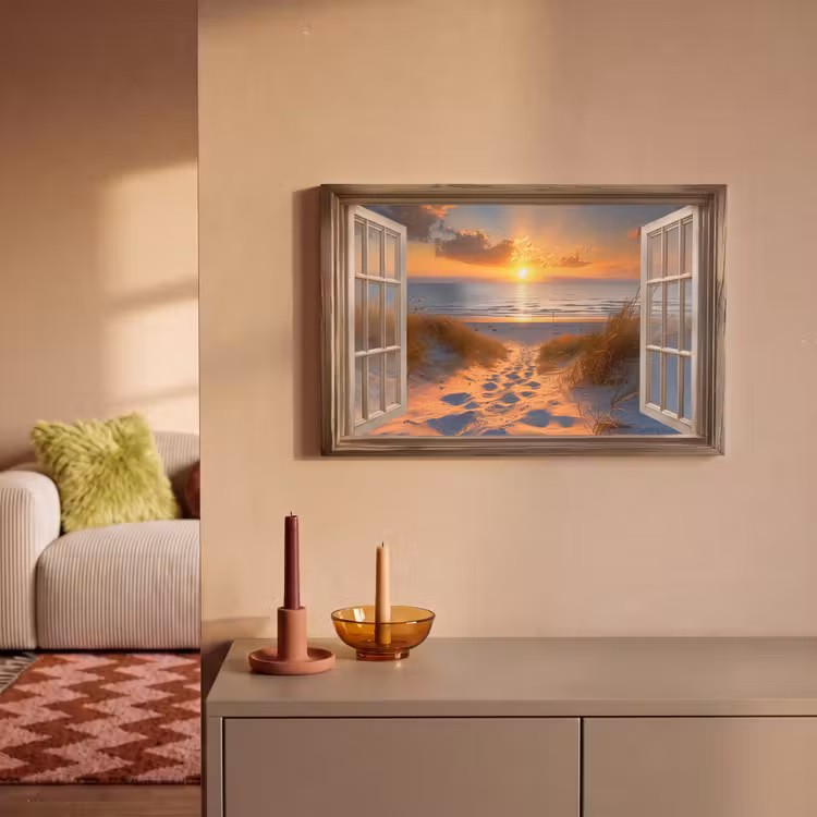 Canvas schilderij - Doorkijk - Strand - Duinen - Zonsondergang — 1