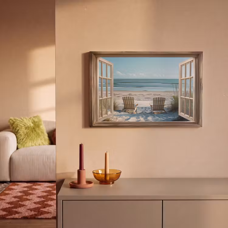 Canvas schilderij - Doorkijk - Strandstoelen - Duinen - Zee - Natuur — 1