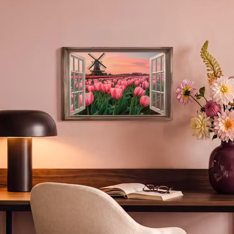 Canvas schilderij - Doorkijk - Tulpen - Bloemen - Molen - Raam — 2