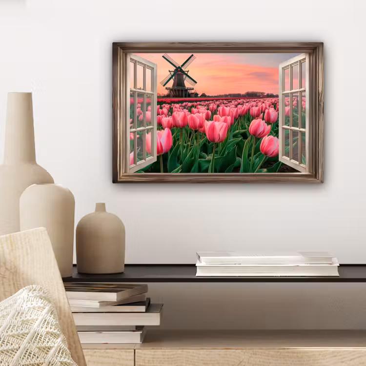 Canvas schilderij - Doorkijk - Tulpen - Bloemen - Molen - Raam — 3