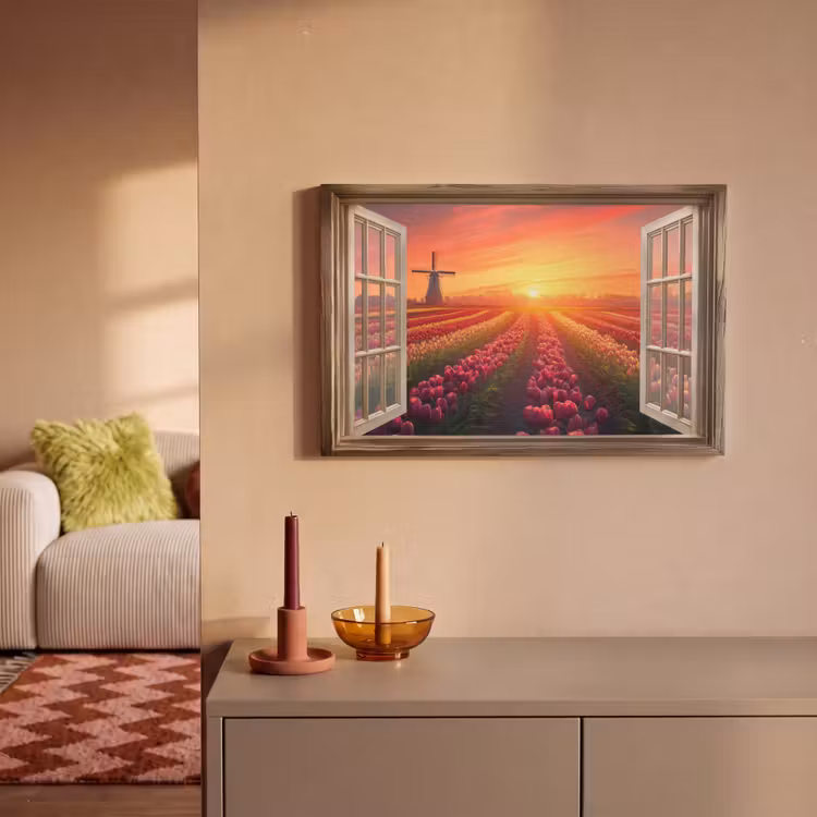 Canvas schilderij - Doorkijk - Tulpen - Zonsondergang - Bloemen - Kleurrijk — 1