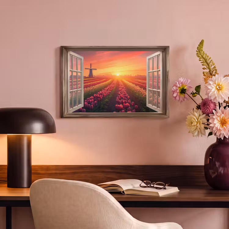 Canvas schilderij - Doorkijk - Tulpen - Zonsondergang - Bloemen - Kleurrijk — 2