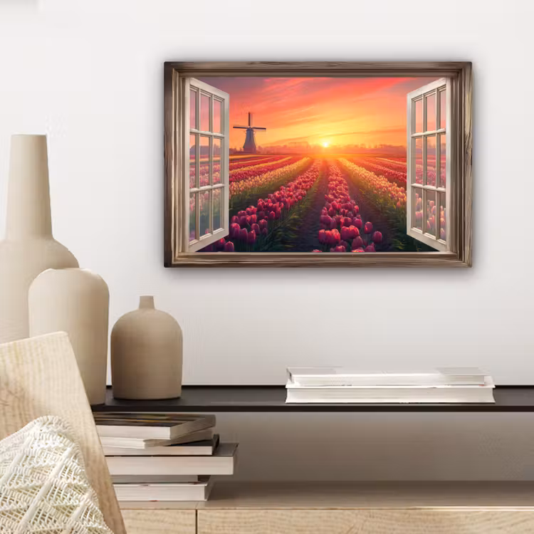Canvas schilderij - Doorkijk - Tulpen - Zonsondergang - Bloemen - Kleurrijk — 3