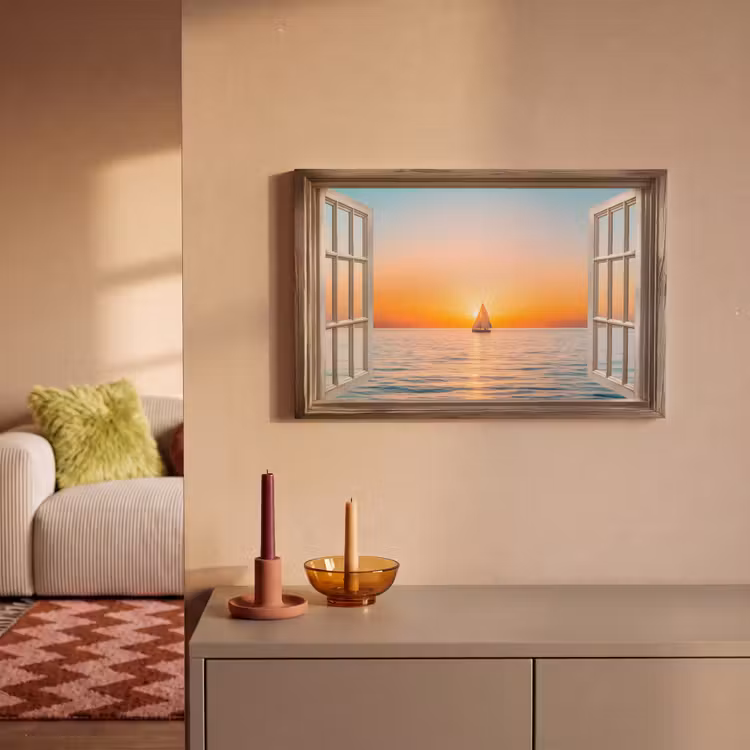 Canvas schilderij - Doorkijk - Zee - Boot - Zonsondergang — 1
