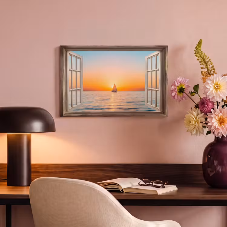 Canvas schilderij - Doorkijk - Zee - Boot - Zonsondergang — 2