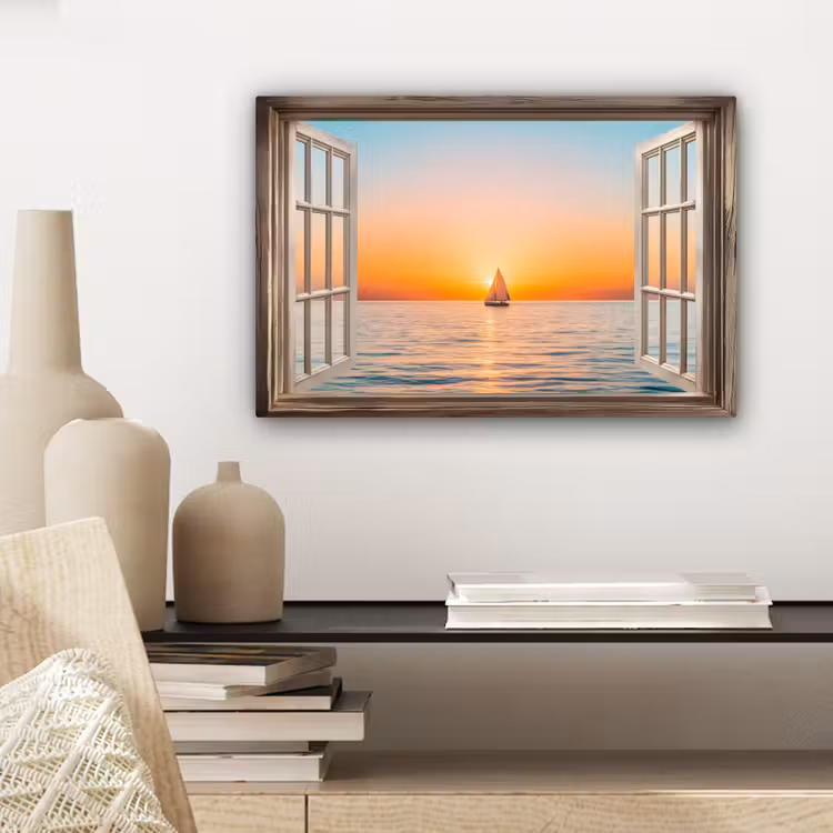 Canvas schilderij - Doorkijk - Zee - Boot - Zonsondergang — 3