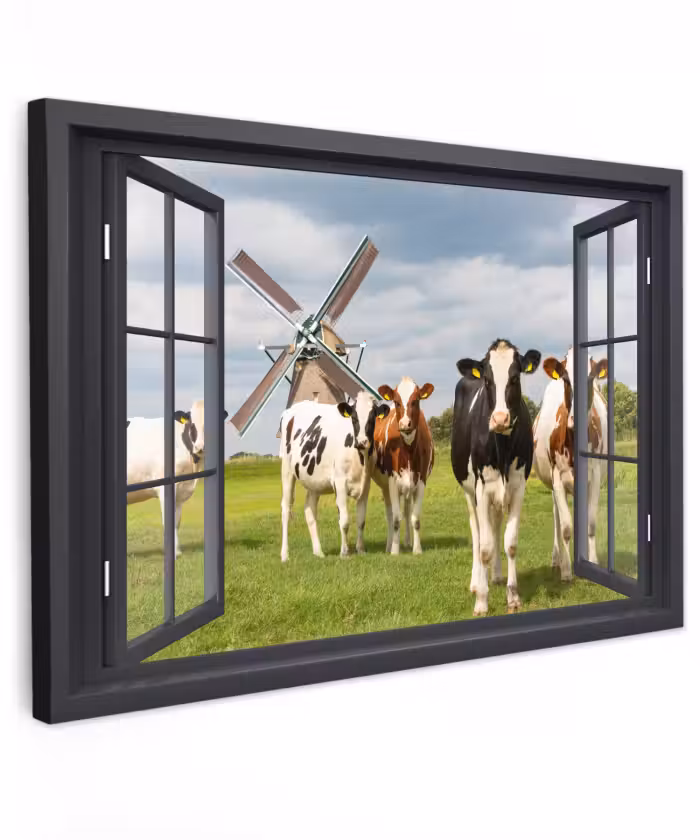 Buiten canvas - Doorkijk - Koe - Molen - Koeien - Weiland - Gras - Groen