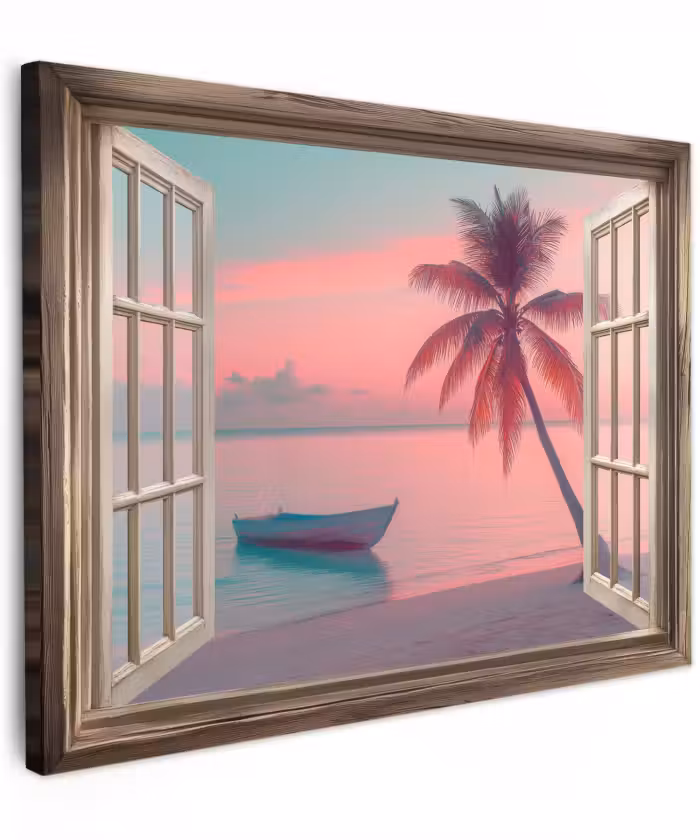 Canvas schilderij - Doorkijk - Strand - Palmboom - Tropisch