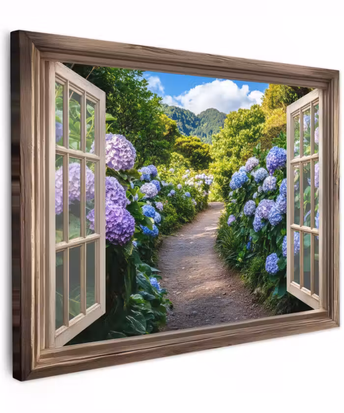 Canvas schilderij - Doorkijk - Hortensia - Pad - Natuur