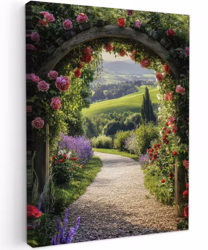 Canvas schilderij - Doorkijk - Tuinboog - Bloemen - Natuur - Pad