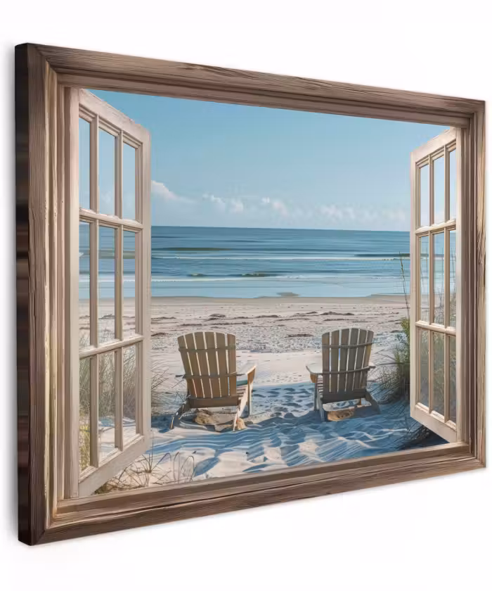 Canvas schilderij - Doorkijk - Strandstoelen - Duinen - Zee - Natuur
