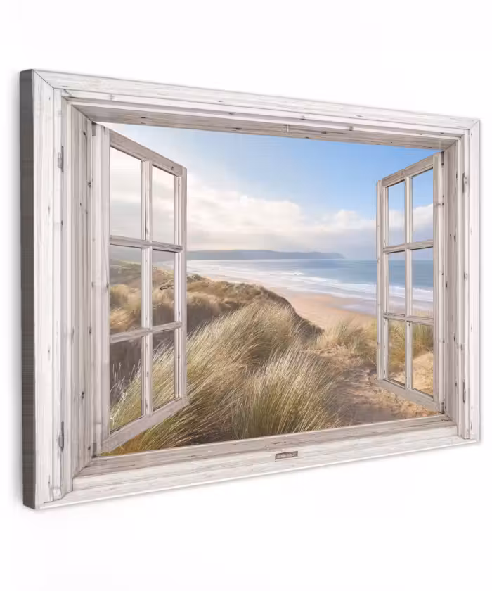 Buiten canvas - Doorkijk - Strand - Zee - Duinen - Helmgras - Zand - Blauw