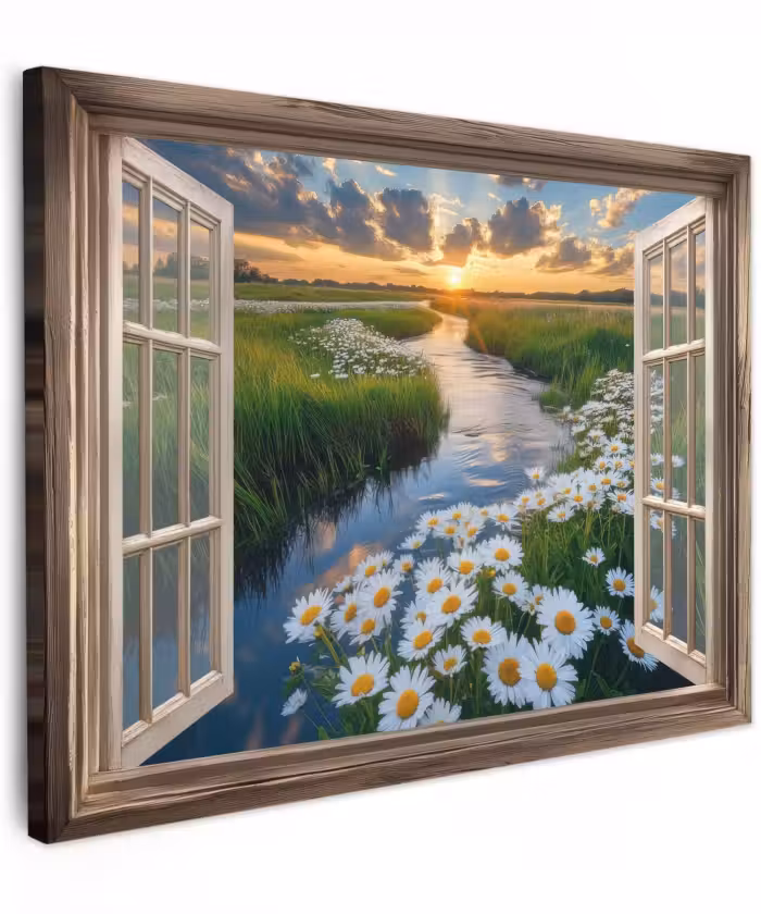 Canvas schilderij - Doorkijk - Landschap - Raam - Water - Zonsondergang
