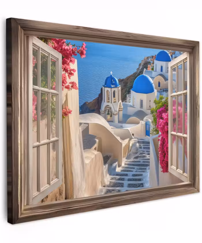 Canvas schilderij - Doorkijk - Santorini - Landschap - Blauw - Grieks