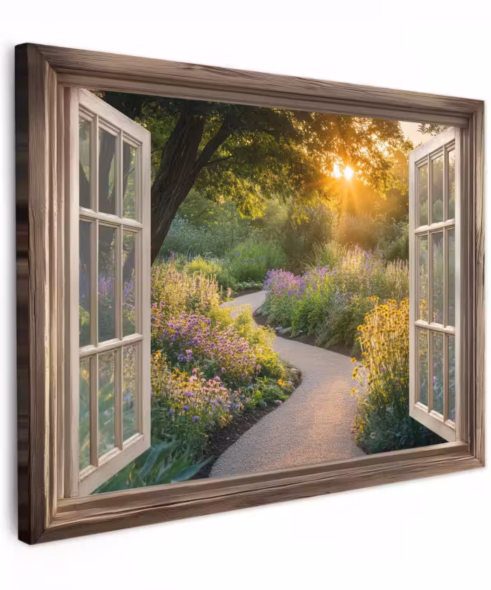 Canvas schilderij - Doorkijk - Bloemen - Natuur - Zon - Pad