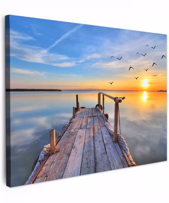 Canvas schilderij - Water - Steiger - Vogels - Zonsondergang - Horizon