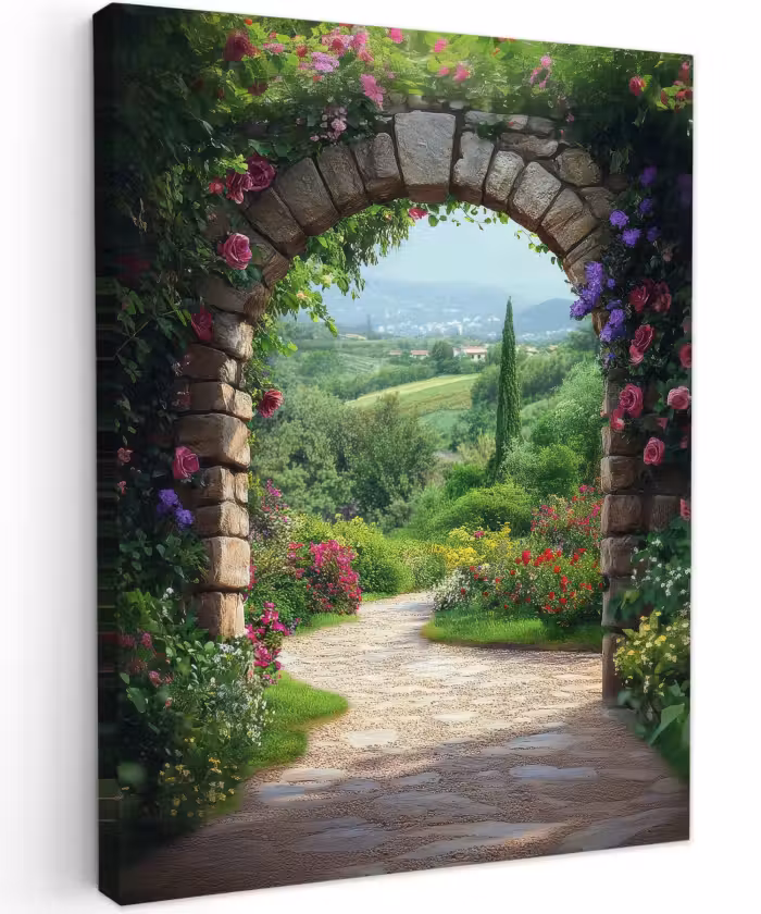 Canvas schilderij - Doorkijk - Landschap - Bloemen - Pad - Uitzicht