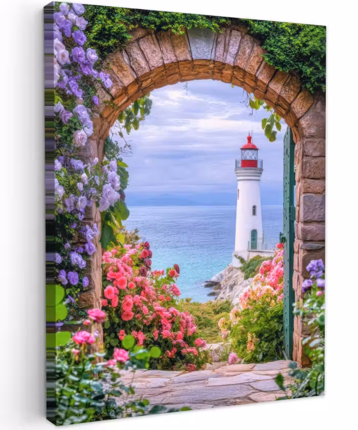 Canvas schilderij - Doorkijk - Vuurtoren - Bloemen - Uitzicht