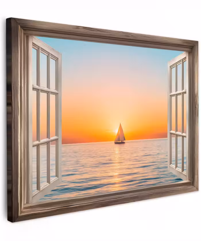Canvas schilderij - Doorkijk - Zee - Boot - Zonsondergang
