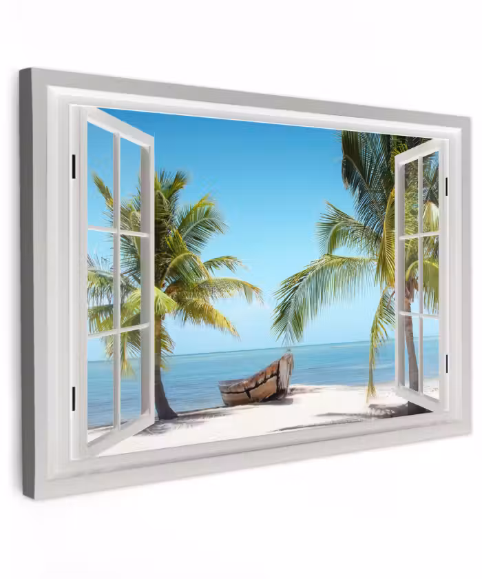 Buiten canvas - Doorkijk - Strand - Palmboom - Boot - Tropisch - Zee - Blauw